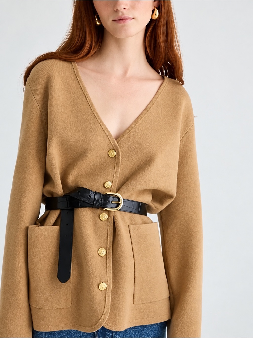 J. Crew Giselle V-Neck Sweater Blazer Tan Size S Gold Buttons Merino Wool Blend